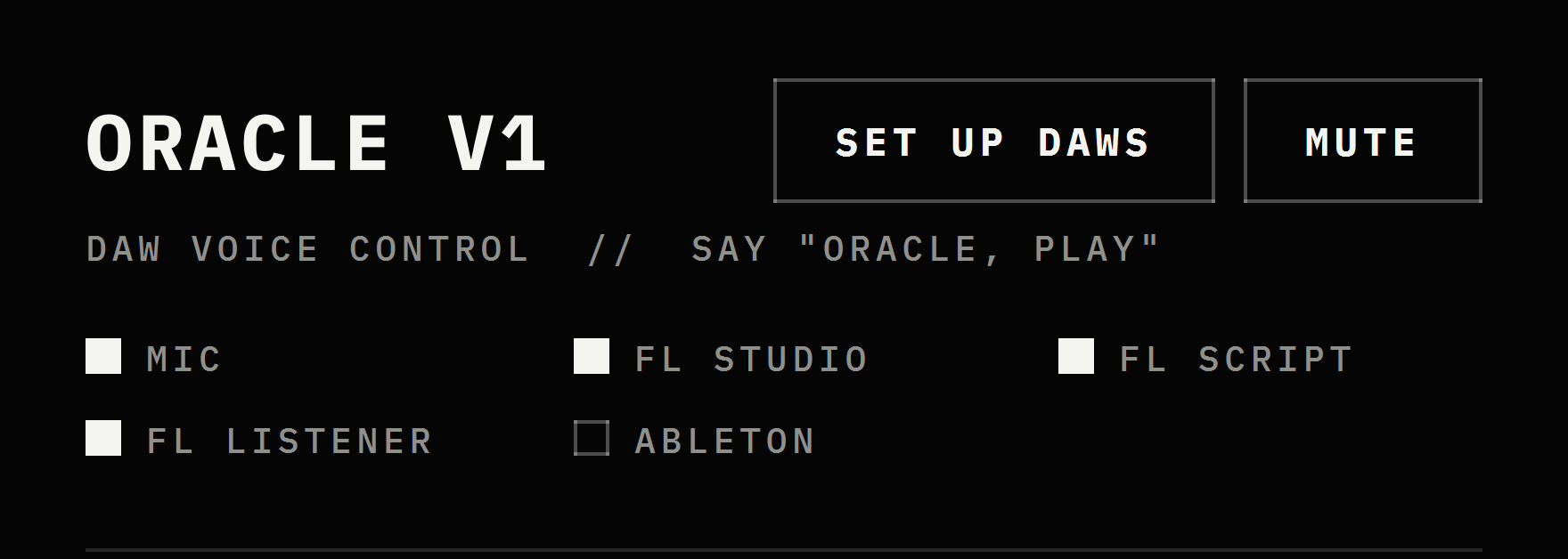 The ORACLE V1 window header: SET UP DAWS and MUTE buttons, and five status lights. MIC, FL STUDIO, FL SCRIPT and FL LISTENER are lit; ABLETON is not connected.